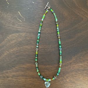 Green beaded heart locket choker necklace